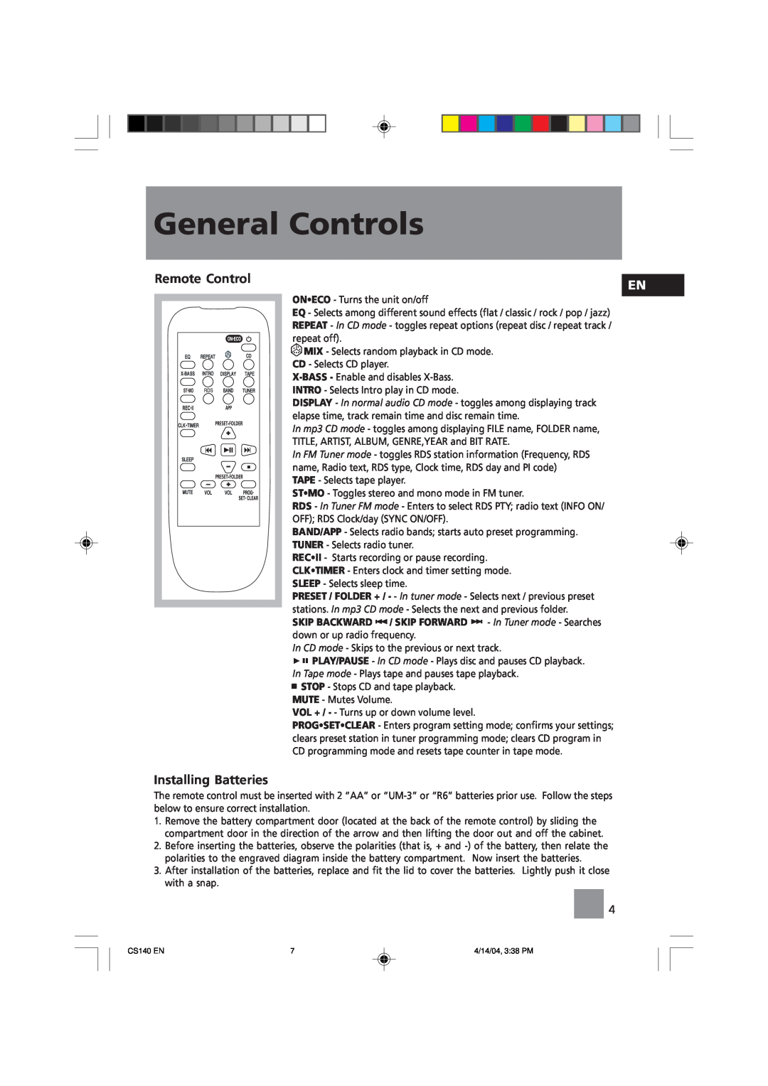Technicolor - Thomson CS140 user service Remote Control, Installing Batteries, General Controls 
