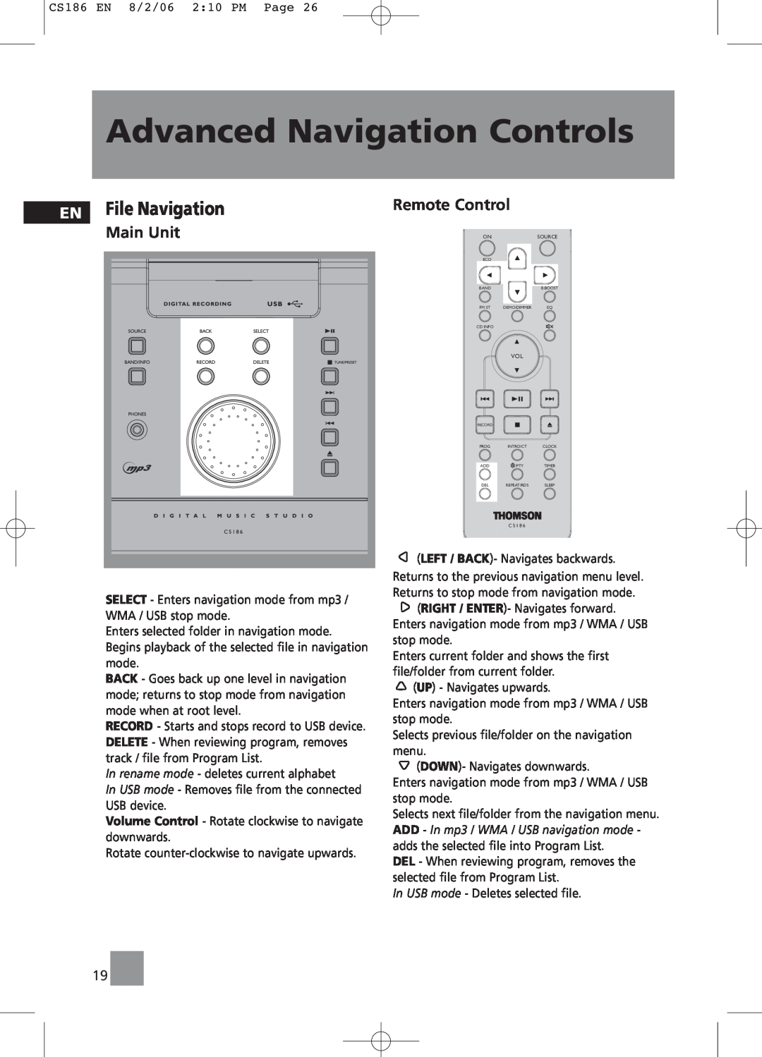 Technicolor - Thomson CS186 manual EN File Navigation, Main Unit, Remote Control, Advanced Navigation Controls 