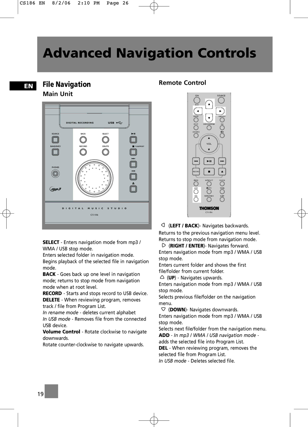 Technicolor - Thomson CS186 manual EN File Navigation, Main Unit, Remote Control 