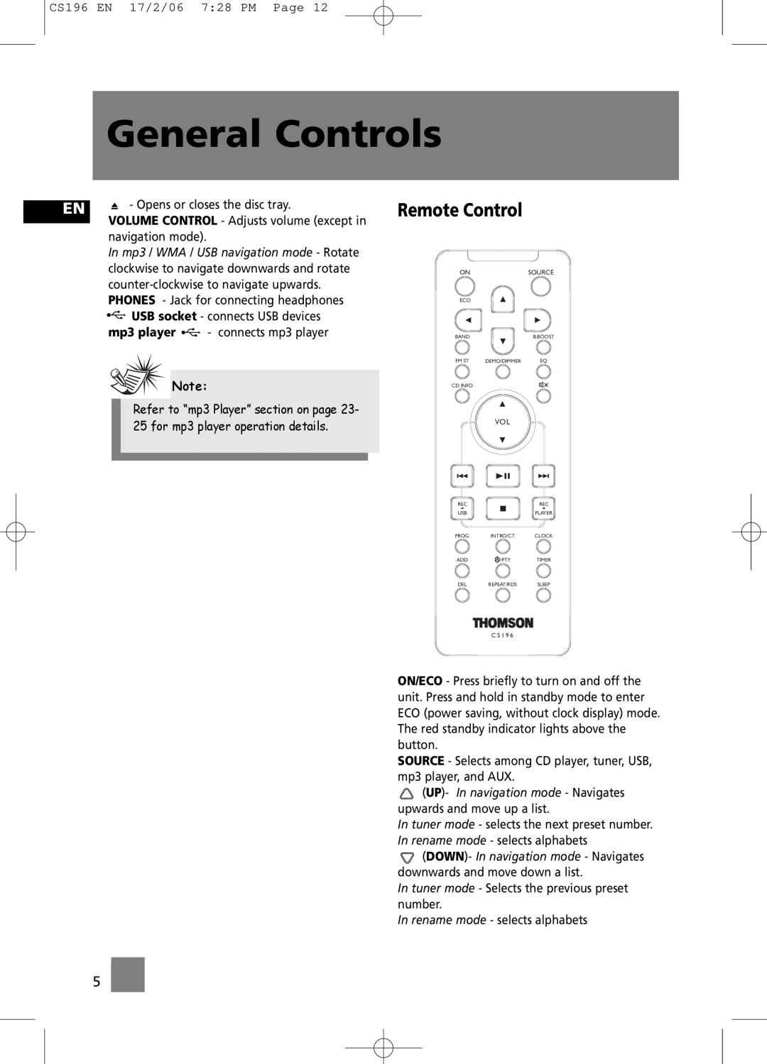 Technicolor - Thomson CS196 user manual Remote Control, General Controls, mp3 player 