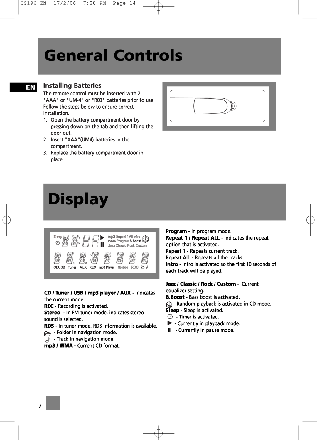 Technicolor - Thomson CS196 user manual Display, EN Installing Batteries, General Controls 