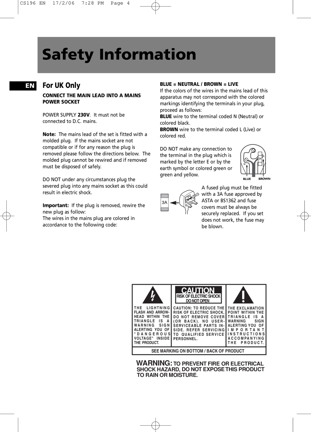 Technicolor - Thomson CS196 user manual Safety Information, EN For UK Only 