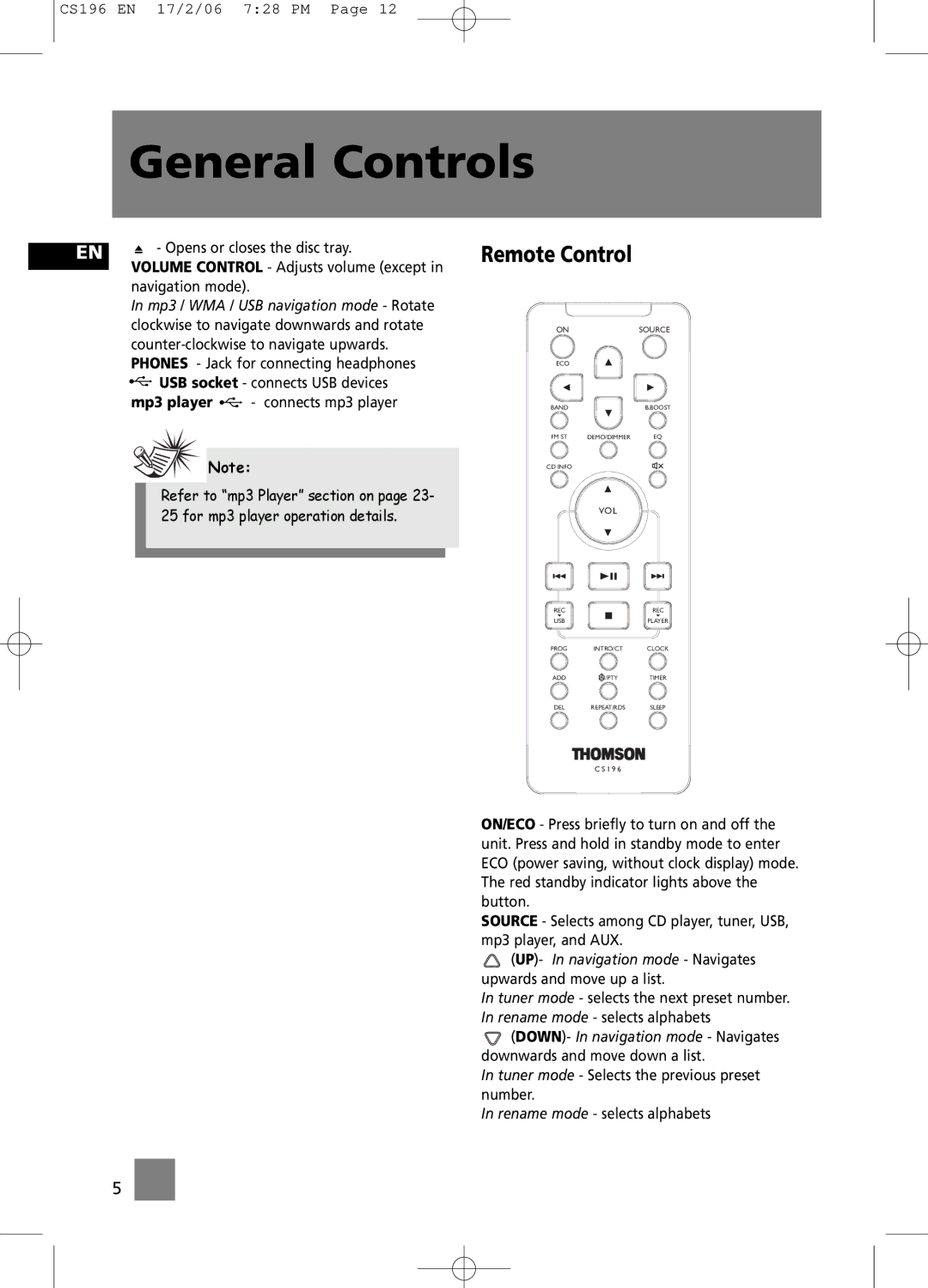 Technicolor - Thomson CS196 user manual Remote Control, Opens or closes the disc tray 