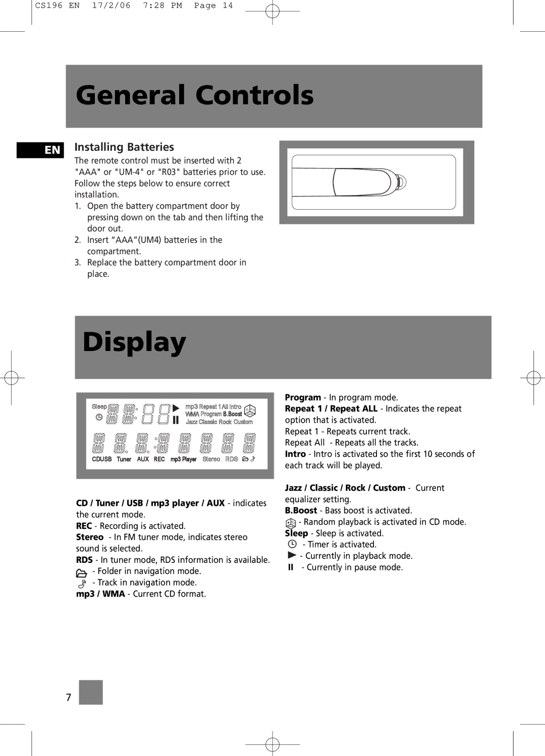 Technicolor - Thomson CS196 user manual Display, EN Installing Batteries 