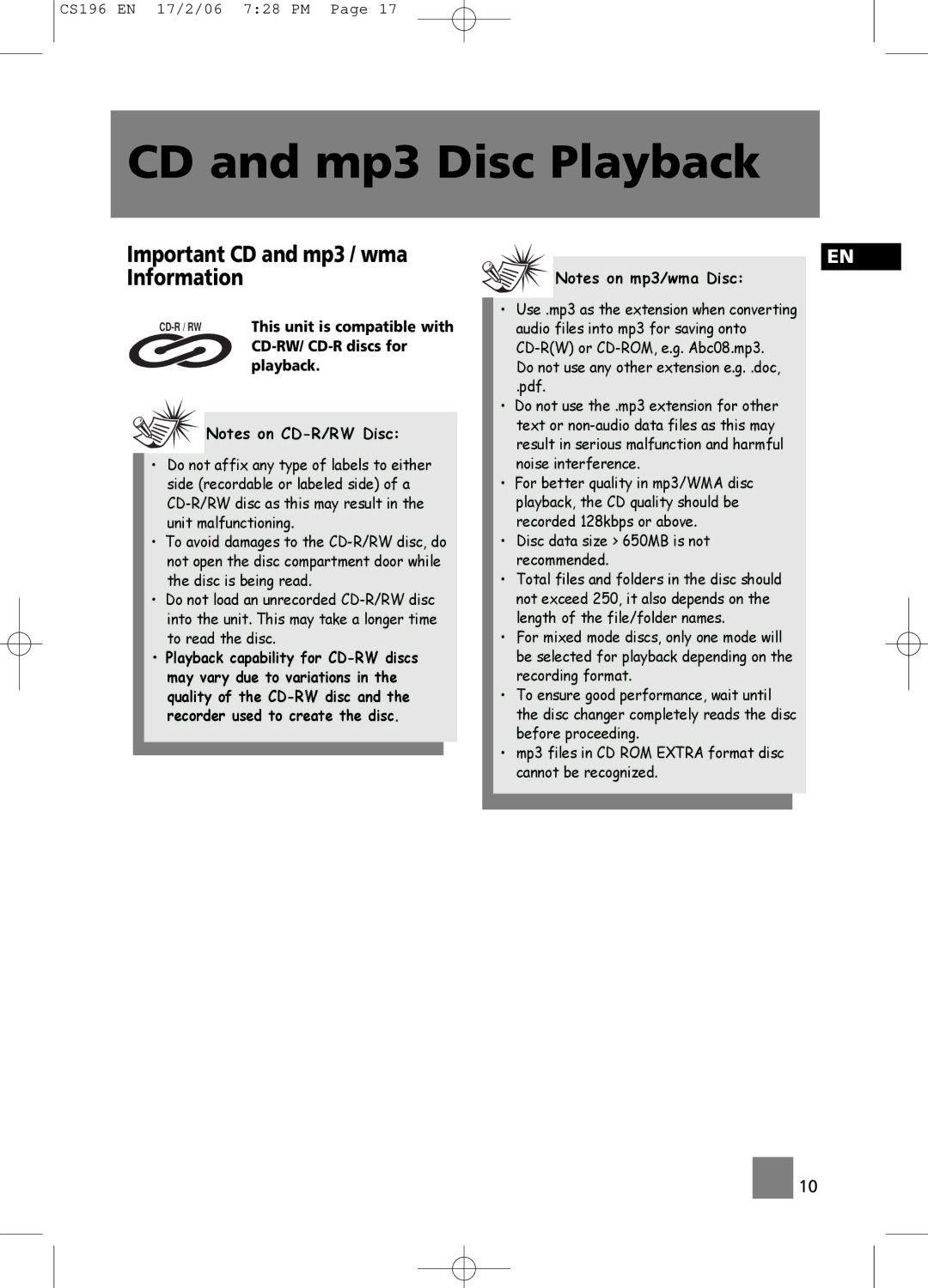 Technicolor - Thomson CS196 user manual CD and mp3 Disc Playback, Important CD and mp3 / wma Information 