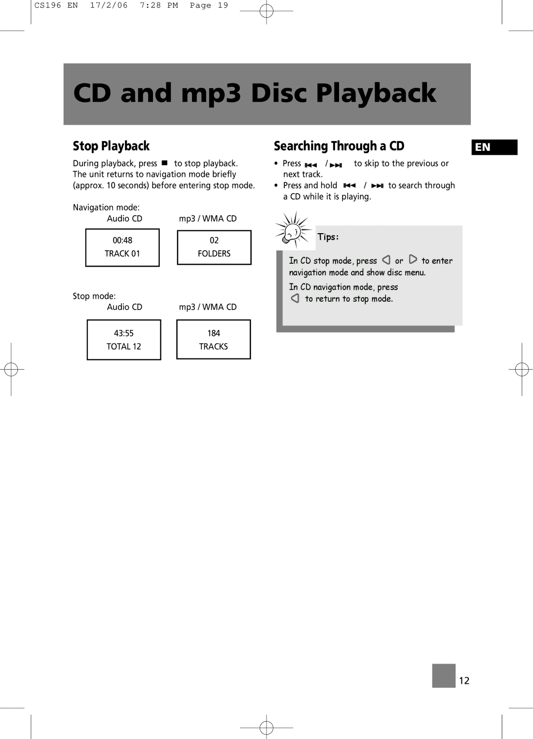 Technicolor - Thomson CS196 user manual Stop Playback, Searching Through a CD 