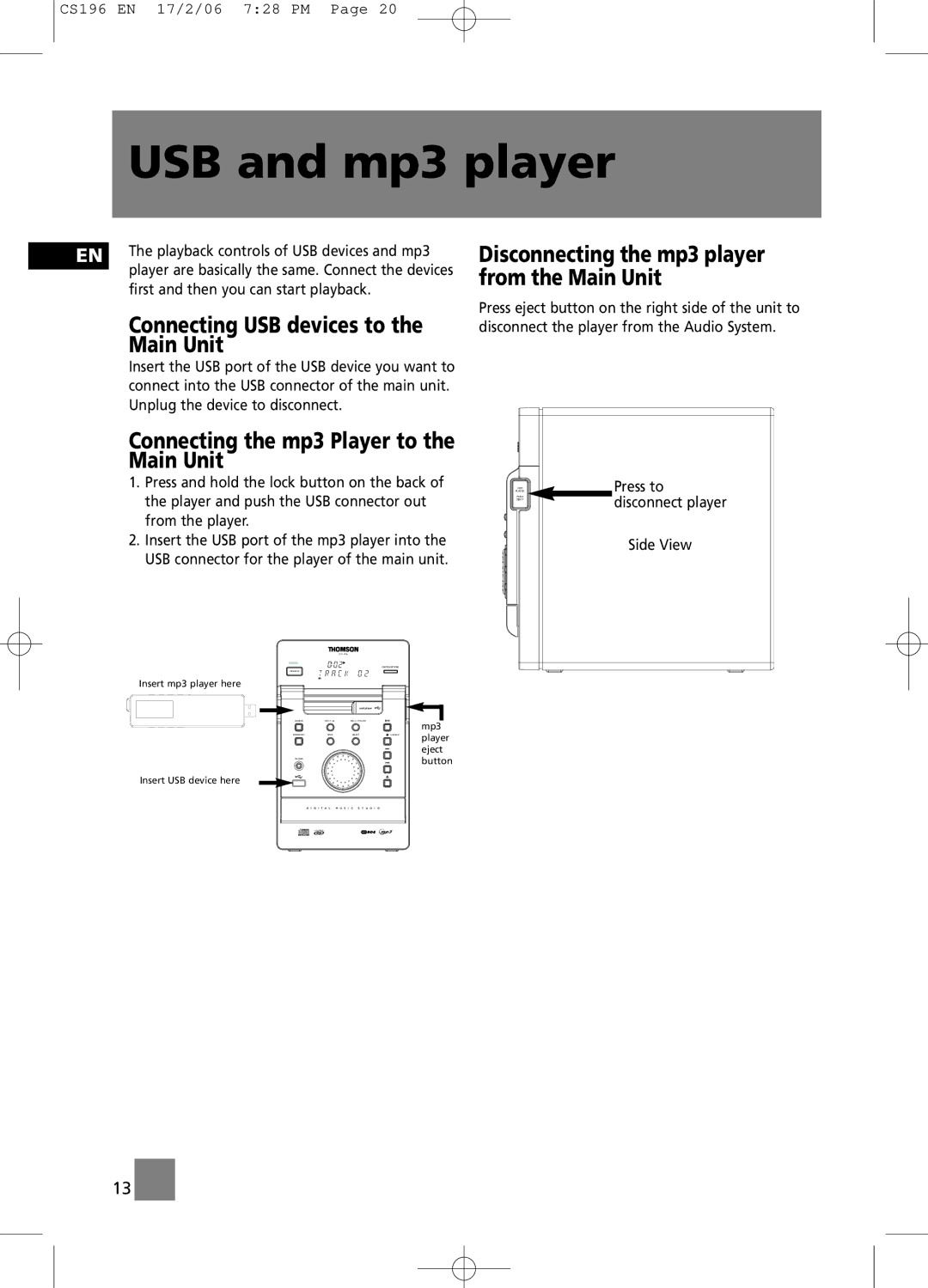 Technicolor - Thomson CS196 user manual USB and mp3 player, Connecting USB devices to the Main Unit 