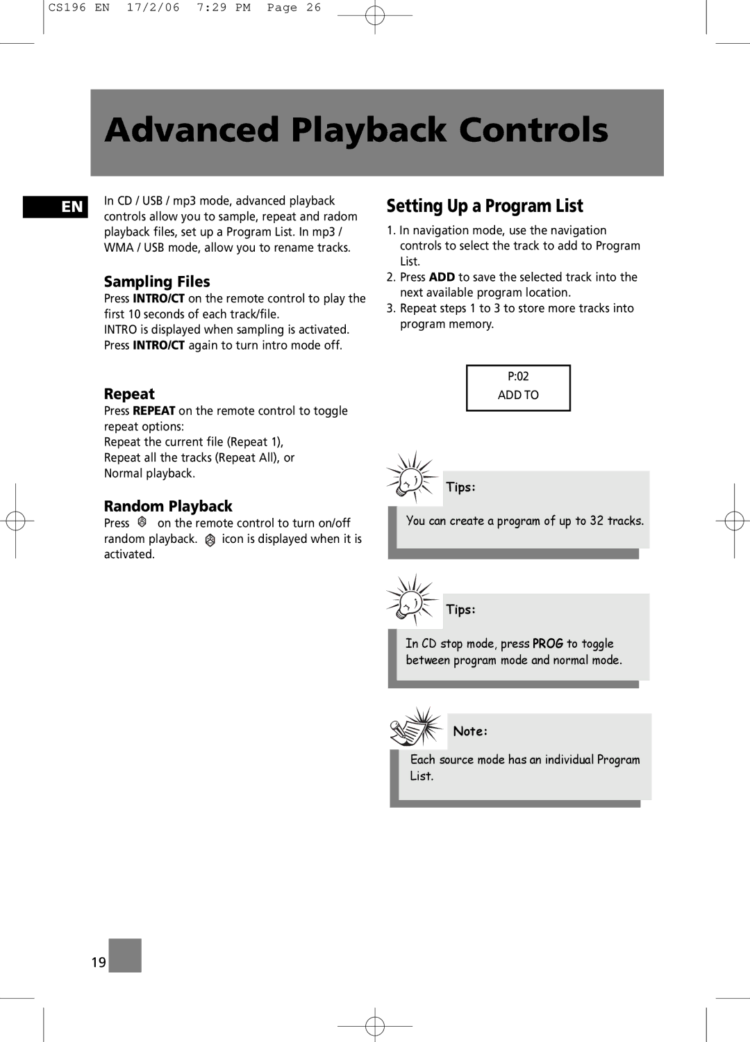 Technicolor - Thomson CS196 user manual Setting Up a Program List, Sampling Files, Repeat, Random Playback 