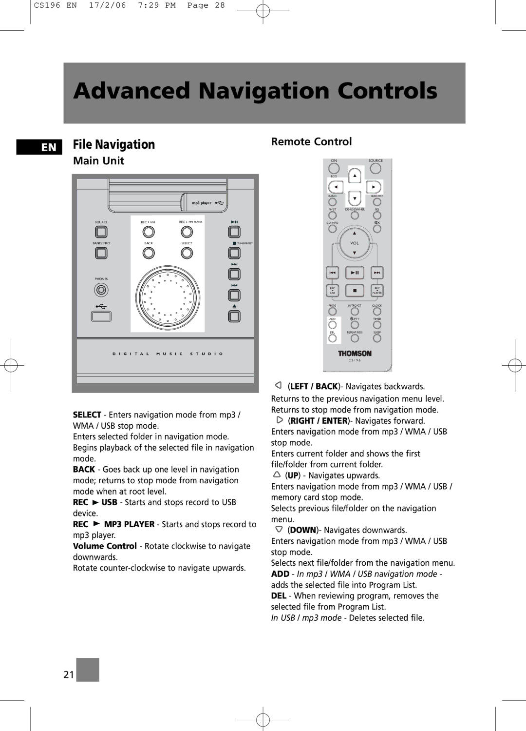 Technicolor - Thomson CS196 user manual EN File Navigation, Main Unit, Remote Control 