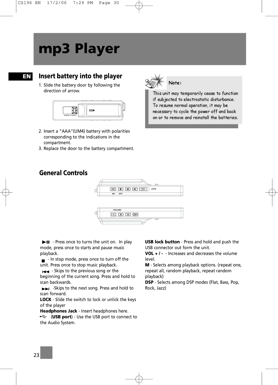 Technicolor - Thomson CS196 user manual Mp3 Player, EN Insert battery into the player, General Controls 