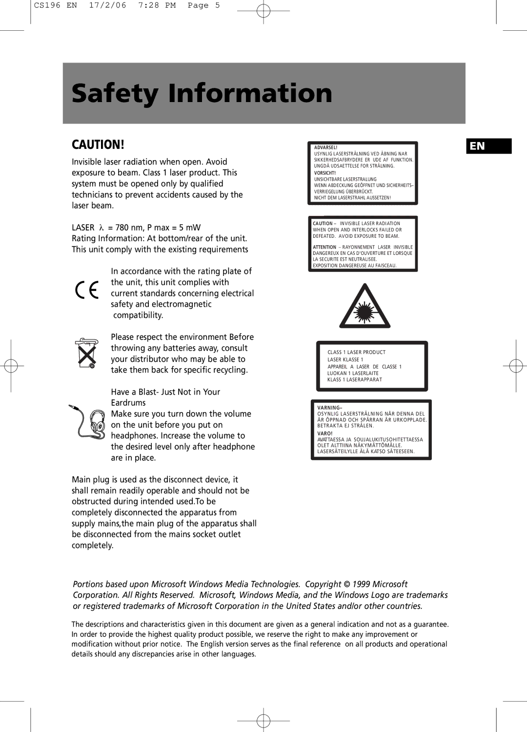 Technicolor - Thomson CS196 user manual Varning 