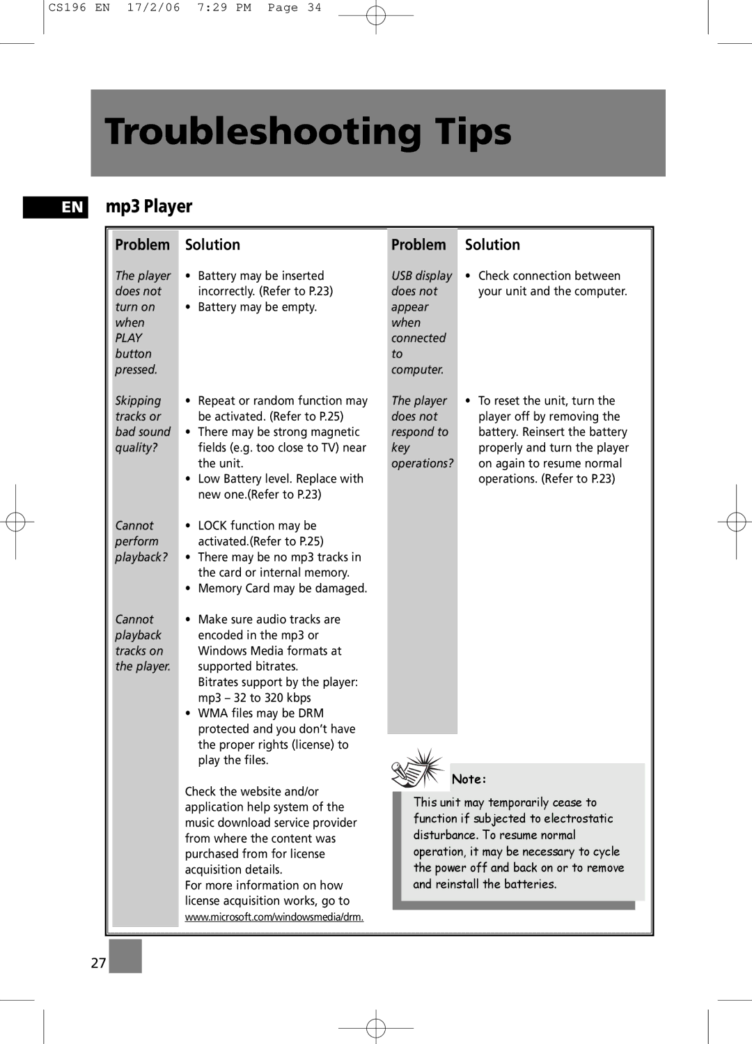 Technicolor - Thomson CS196 user manual EN mp3 Player, Problem Solution 