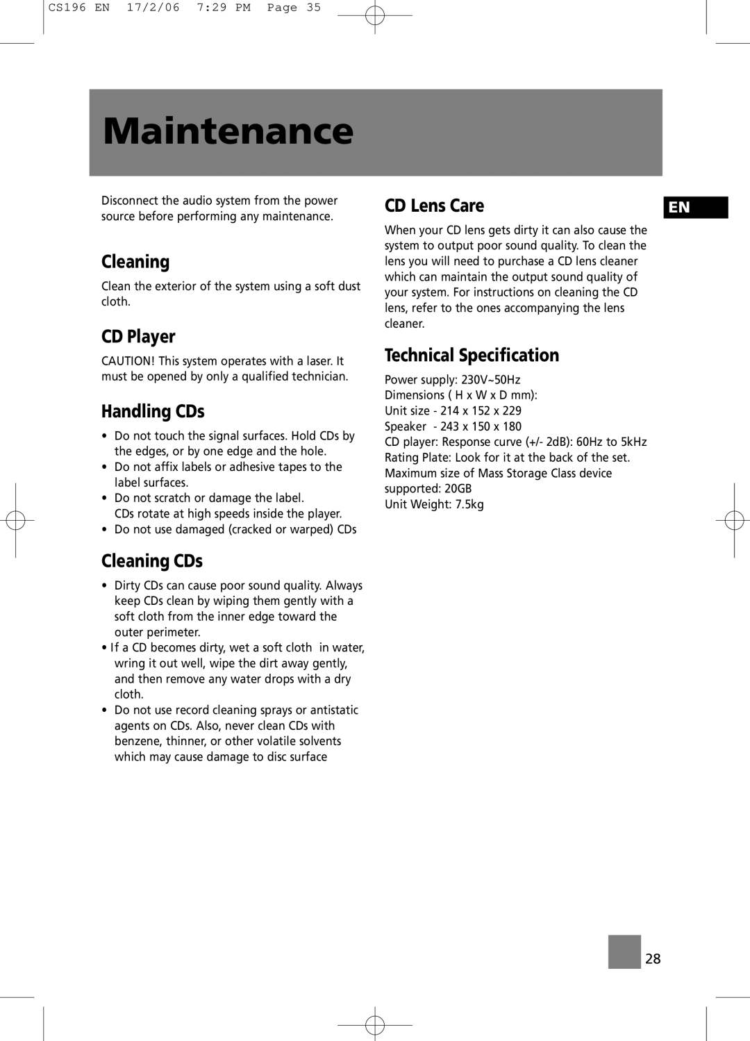 Technicolor - Thomson CS196 user manual Maintenance, CD Player Handling CDs, Cleaning CDs, Technical Specification 