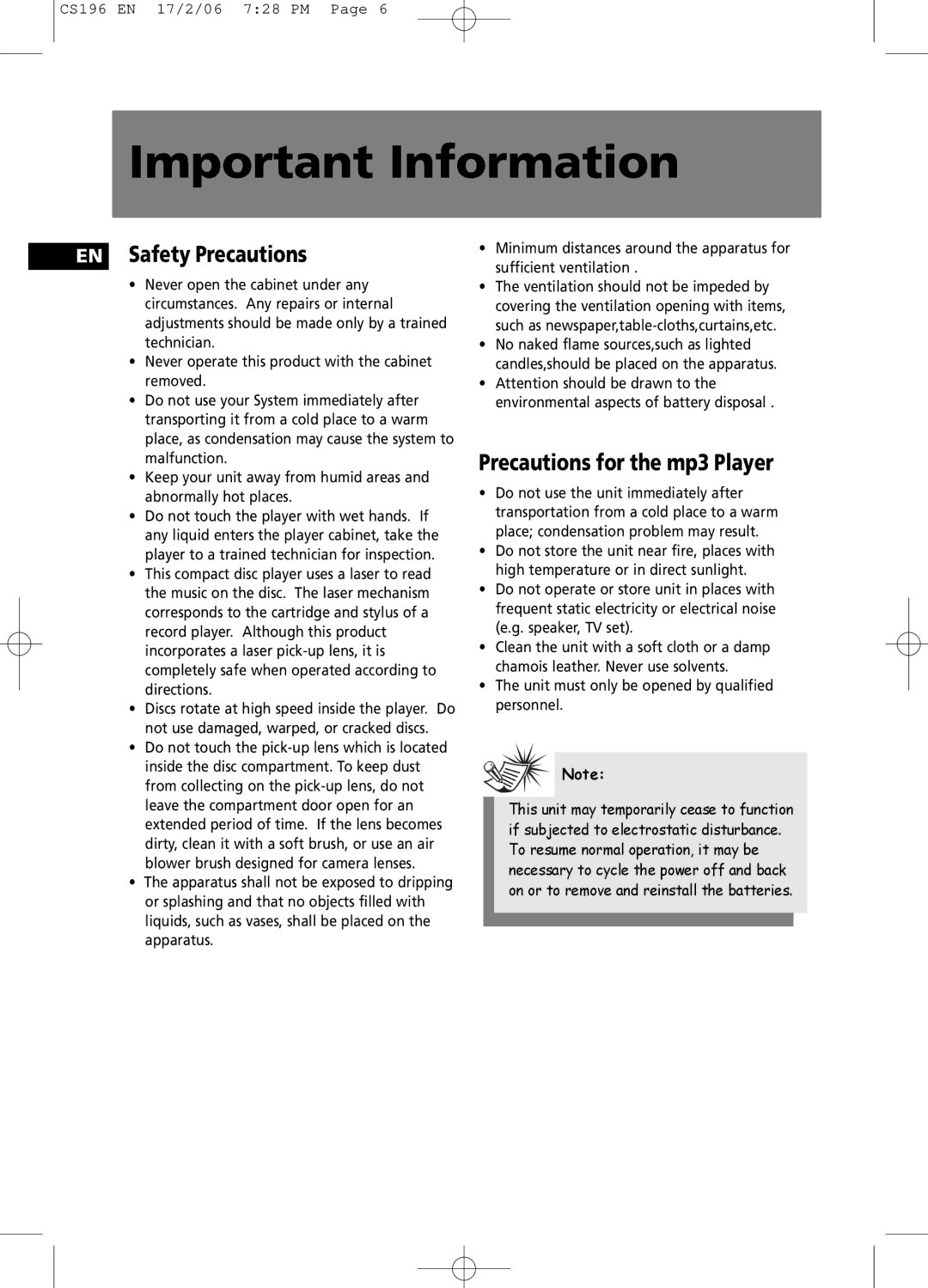 Technicolor - Thomson CS196 user manual Important Information, EN Safety Precautions, Precautions for the mp3 Player 