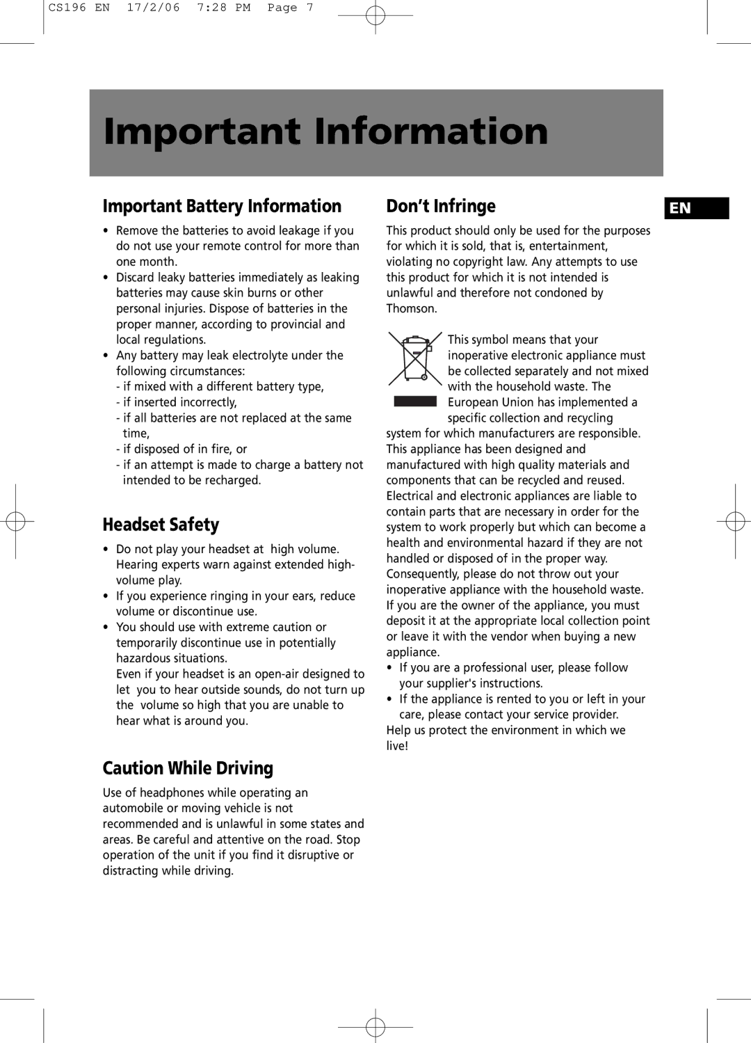 Technicolor - Thomson CS196 user manual Important Battery Information, Headset Safety 