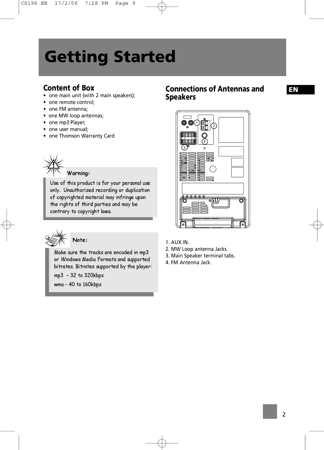 Technicolor - Thomson CS196 user manual Getting Started, Content of Box Connections of Antennas, Speakers 