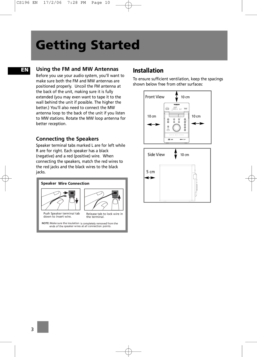 Technicolor - Thomson CS196 user manual EN Using the FM and MW Antennas Installation, Connecting the Speakers 