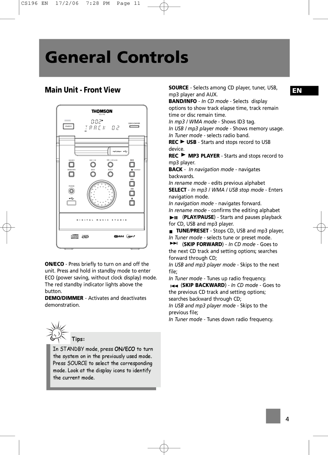 Technicolor - Thomson CS196 user manual General Controls, Main Unit Front View 