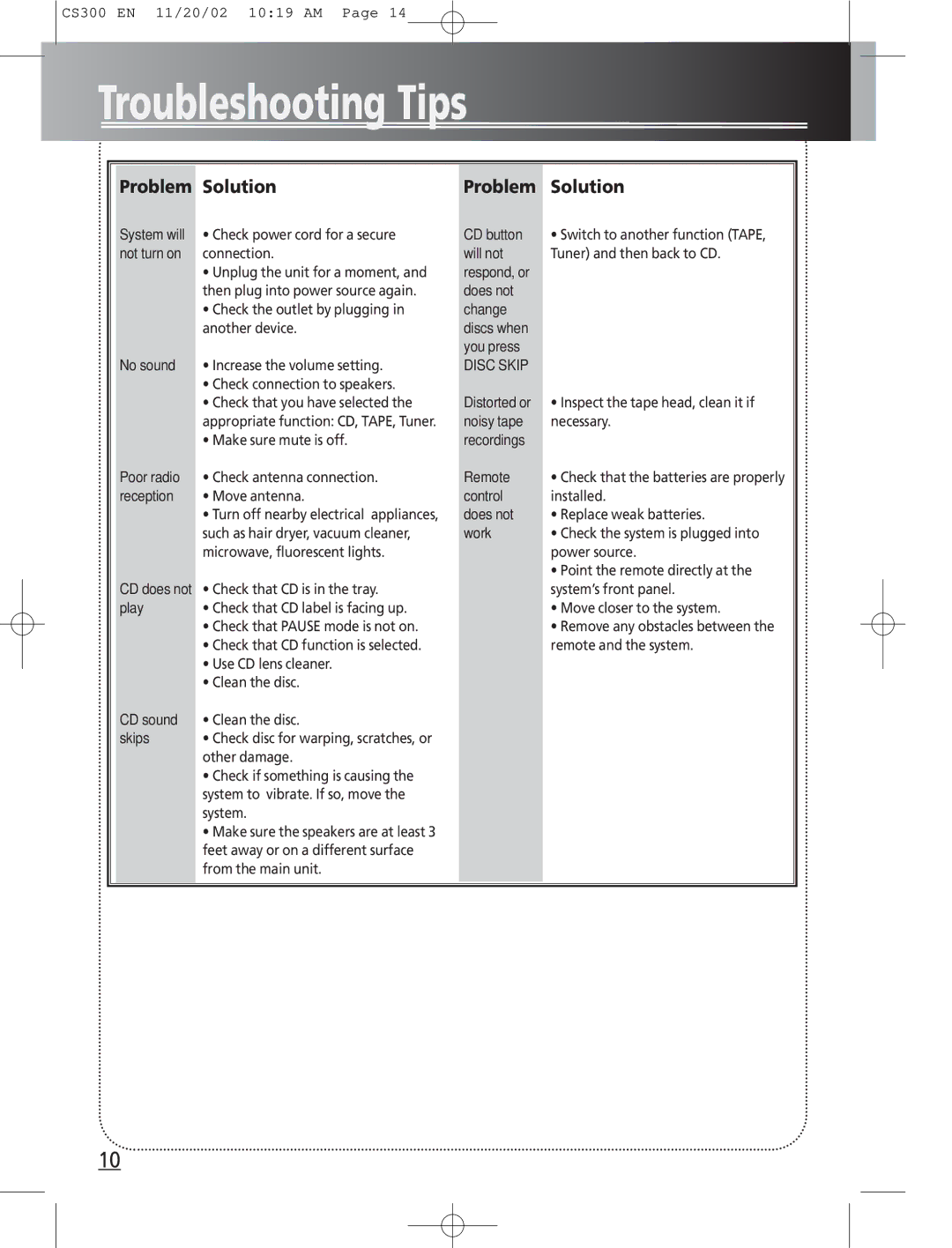 Technicolor - Thomson CS300 manual Troubleshooting Tips, Problem Solution, CD does not Check that CD is in the tray 