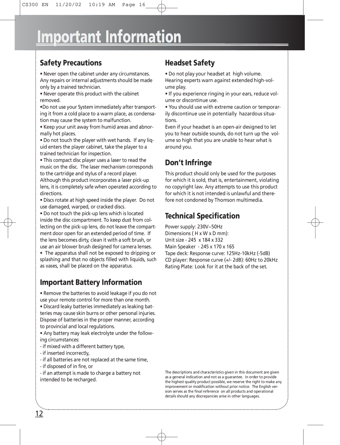 Technicolor - Thomson CS300 manual Important Information 