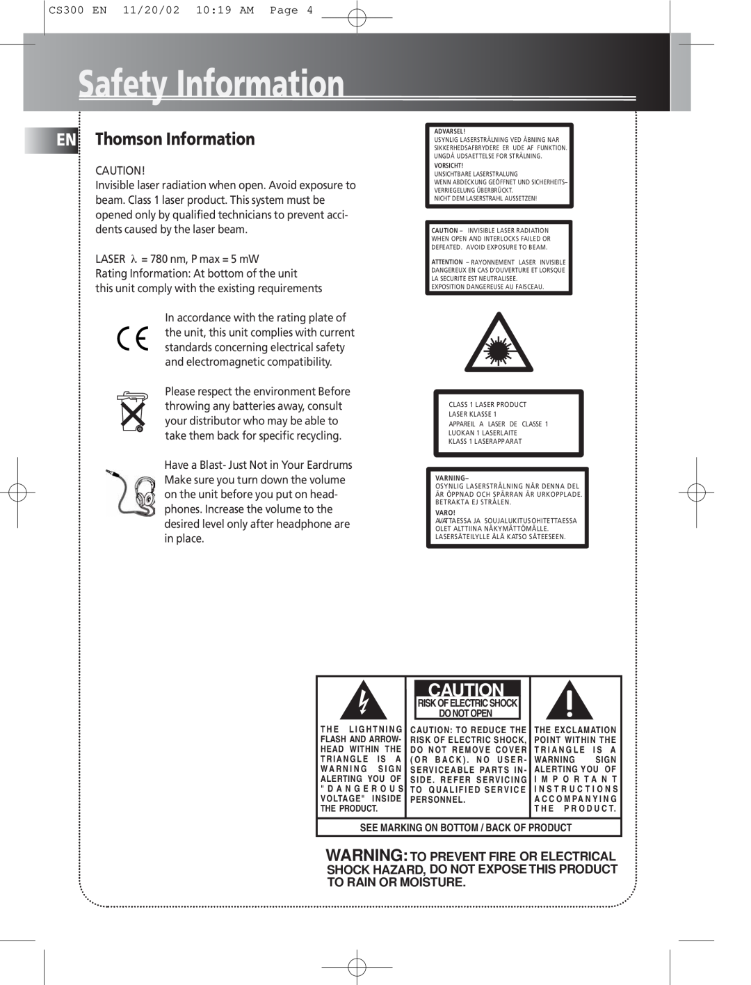 Technicolor - Thomson manual Safety Information, EN Thomson Information, CS300 EN 11/20/02 10 19 AM Page, Do Not Open 