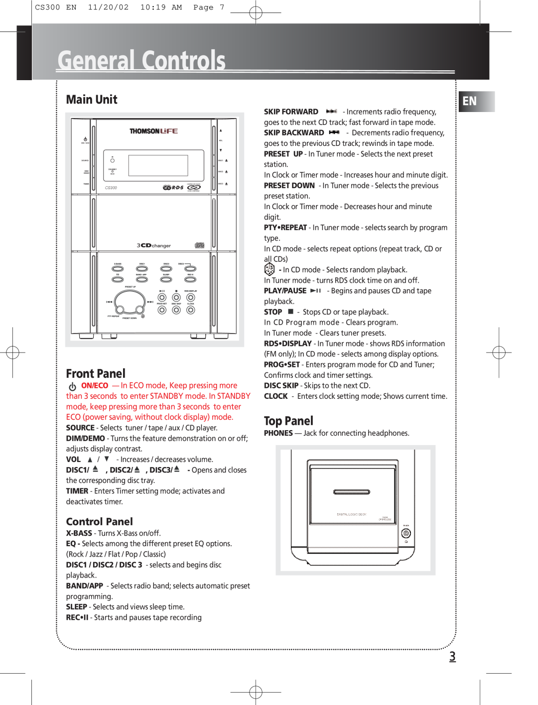 Technicolor - Thomson CS300 manual Main Unit, Front Panel, Top Panel, Control Panel, General Controls, DISC1 