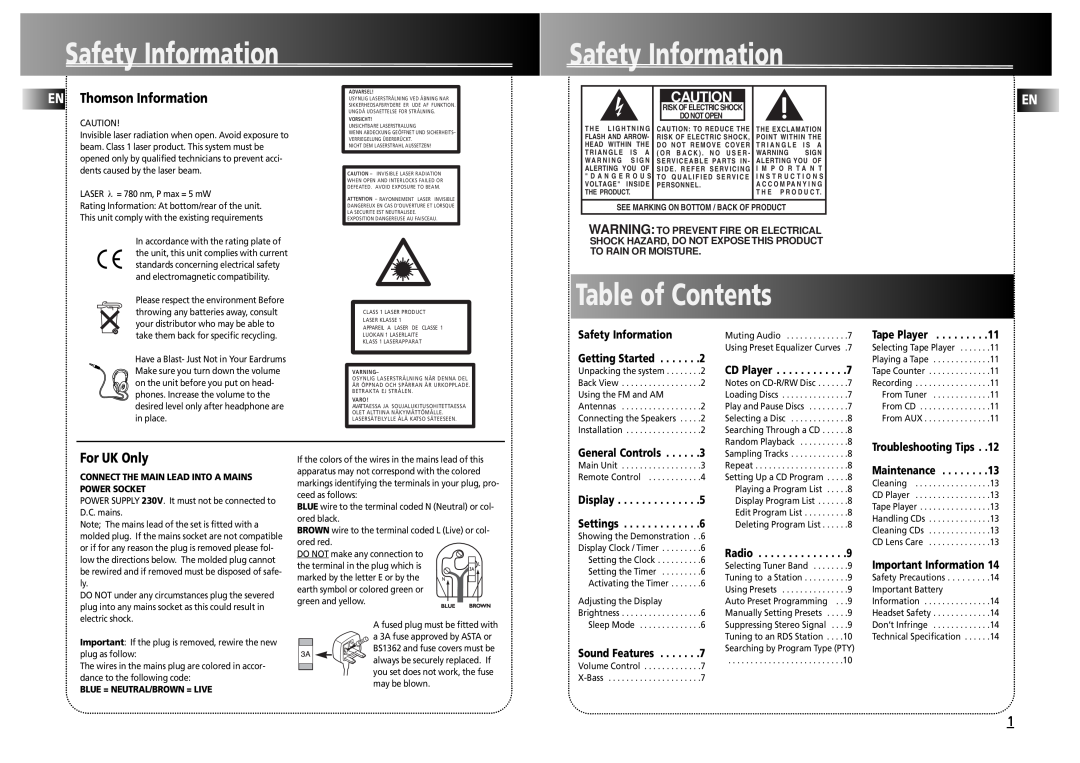 Technicolor - Thomson CS500 user manual Safety Information, Table of Contents, EN Thomson Information, For UK Only 