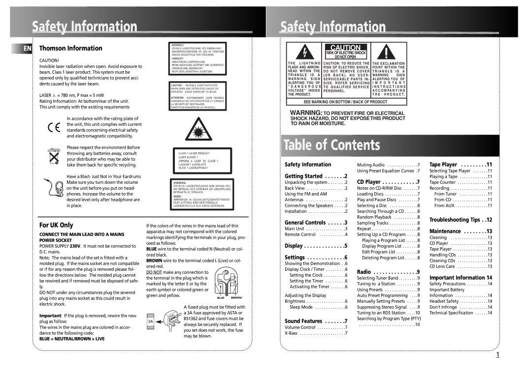 Technicolor - Thomson CS500 user manual Safety Information, Table of Contents 