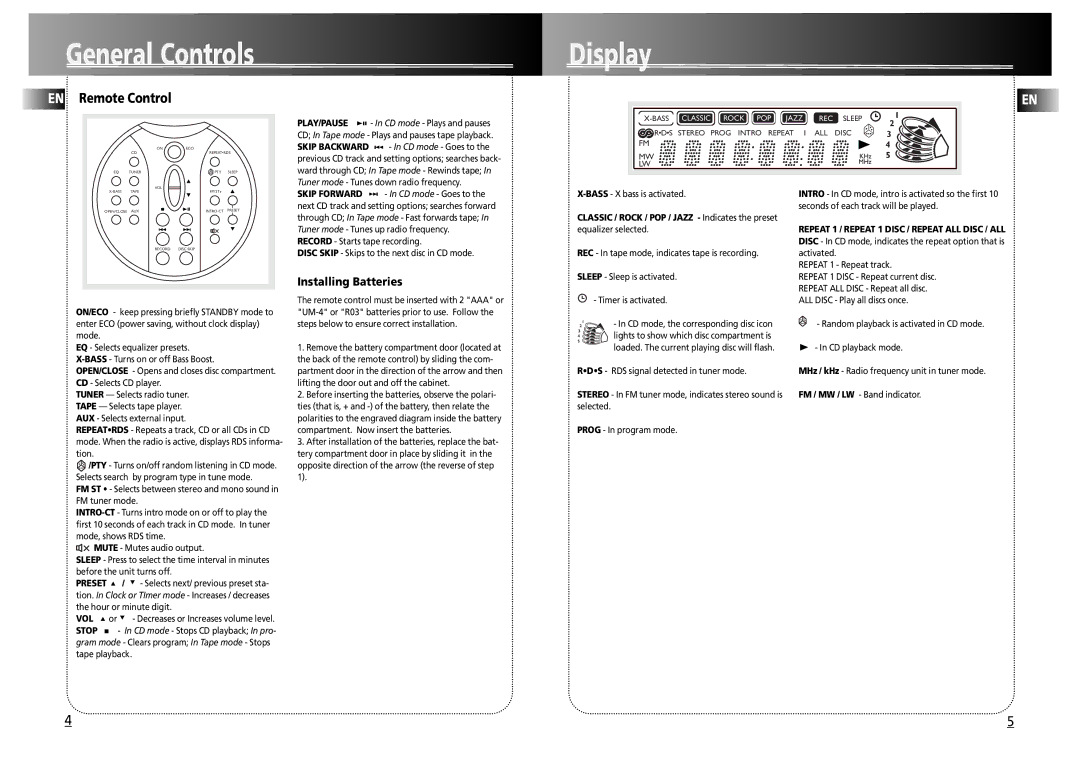 Technicolor - Thomson CS500 user manual Display, EN Remote Control, Installing Batteries 