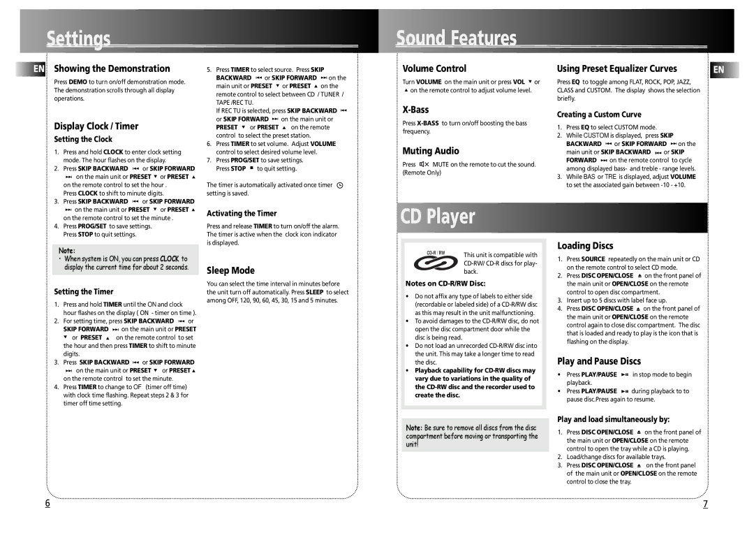 Technicolor - Thomson CS500 user manual Settings, Sound Features, CD Player 