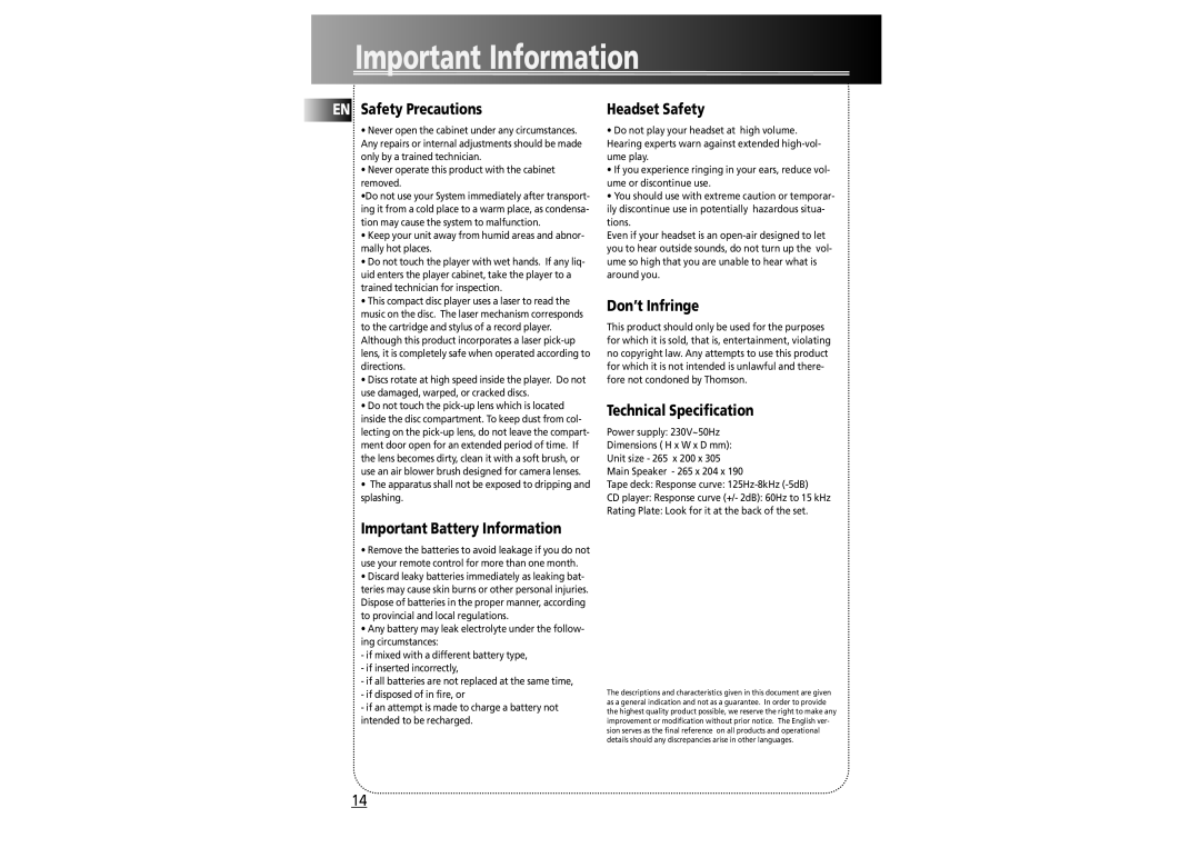 Technicolor - Thomson CS500 user manual Important Information 