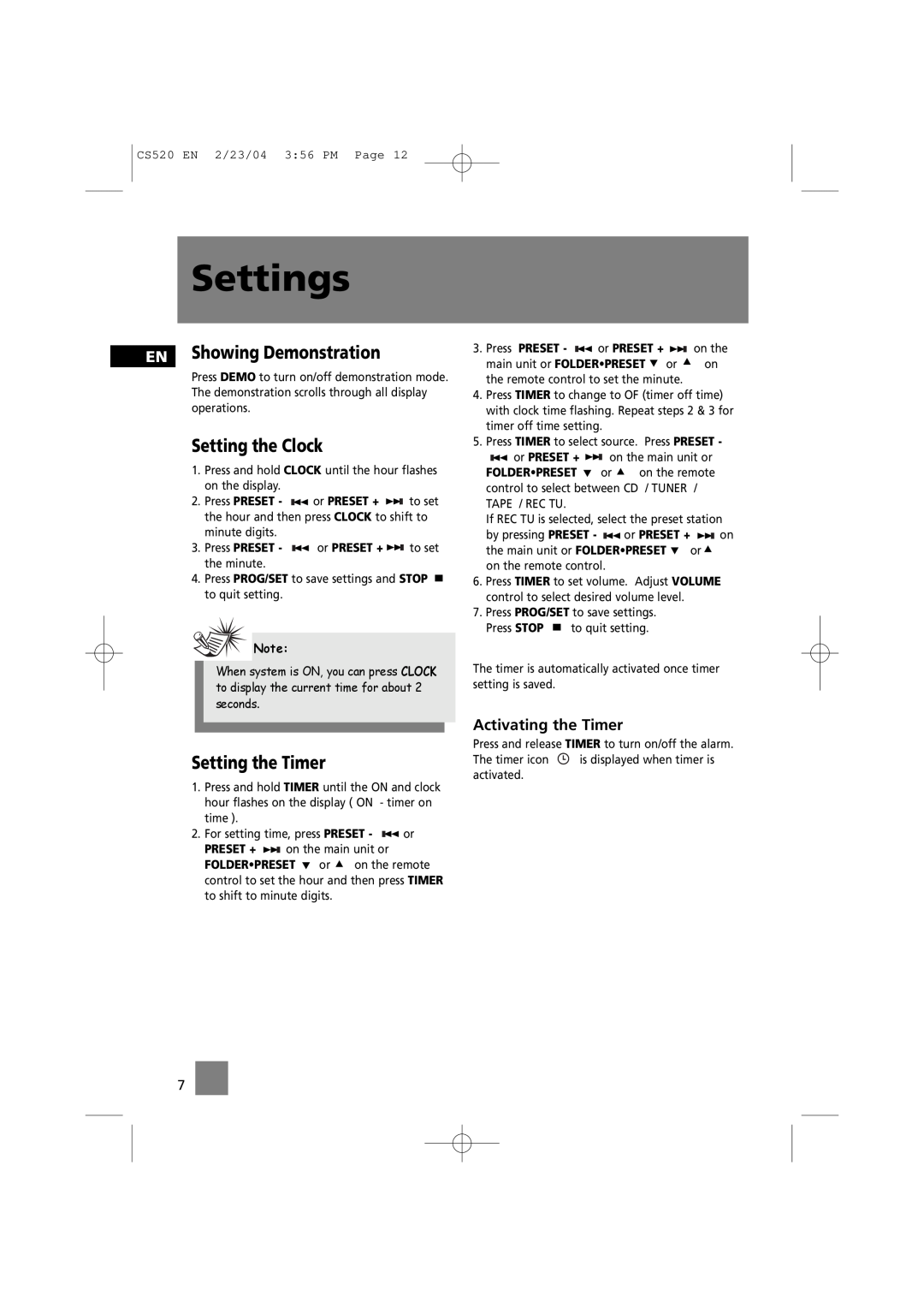 Technicolor - Thomson CS520 manual Settings, EN Showing Demonstration, Setting the Clock, Setting the Timer 