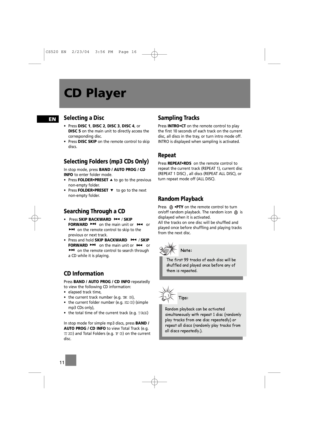 Technicolor - Thomson CS520 EN Selecting a Disc, Sampling Tracks, Searching Through a CD, CD Information, Repeat, Tips 