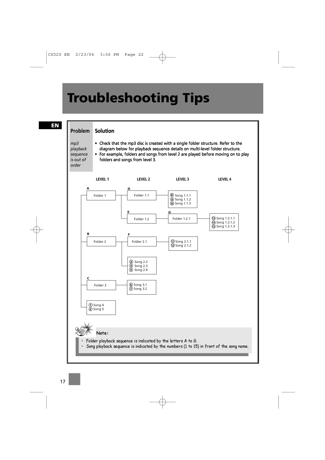 Technicolor - Thomson CS520 manual Troubleshooting Tips, Problem Solution, is out of folders and songs from level 3. order 
