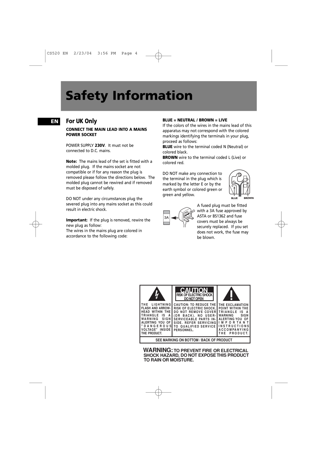 Technicolor - Thomson CS520 manual Safety Information, EN For UK Only 
