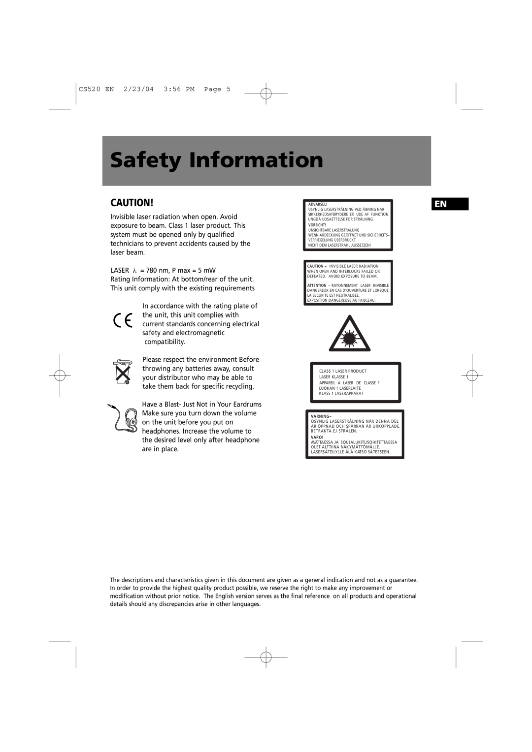 Technicolor - Thomson CS520 manual Safety Information 