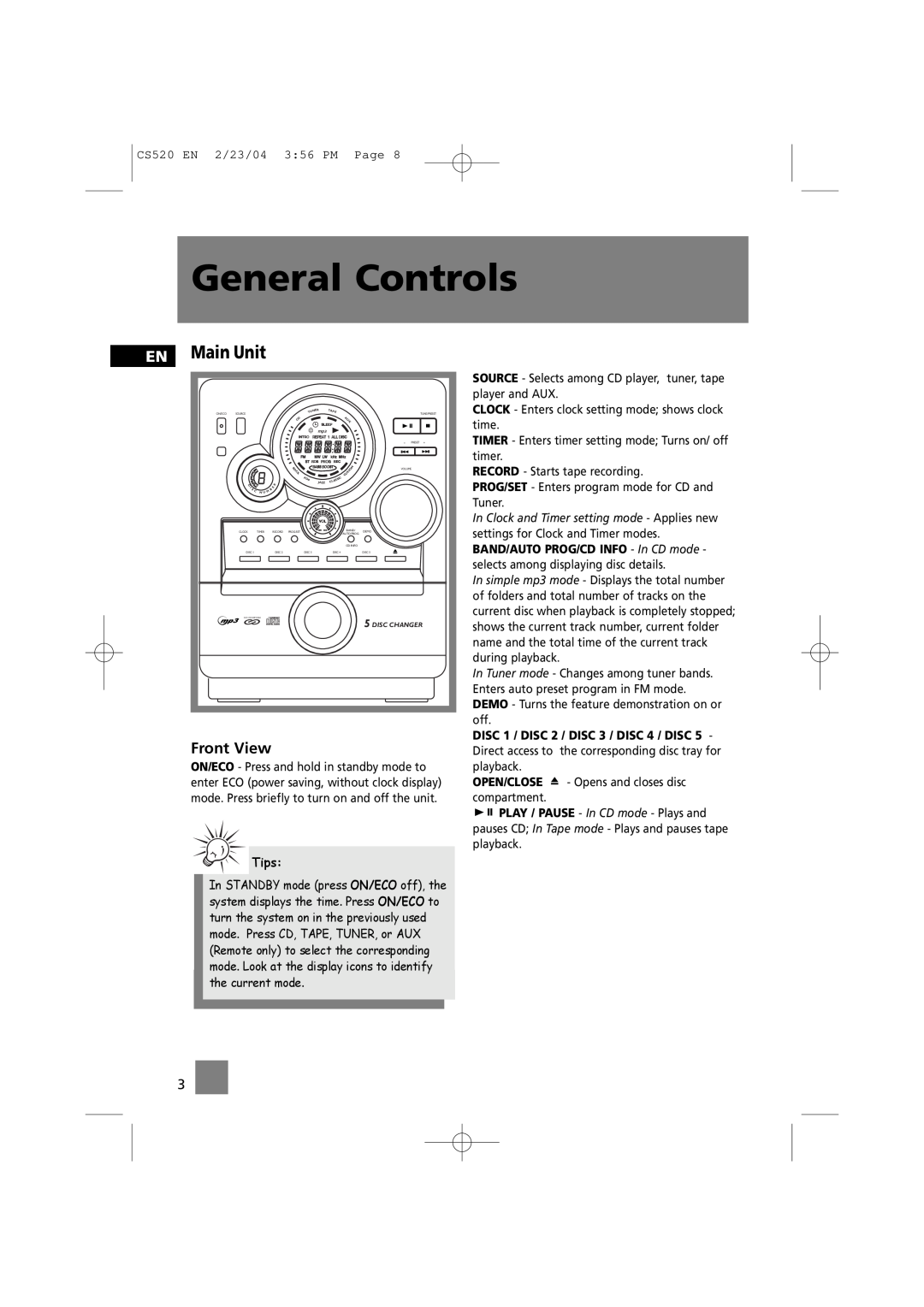 Technicolor - Thomson CS520 manual General Controls, EN Main Unit, Tips 