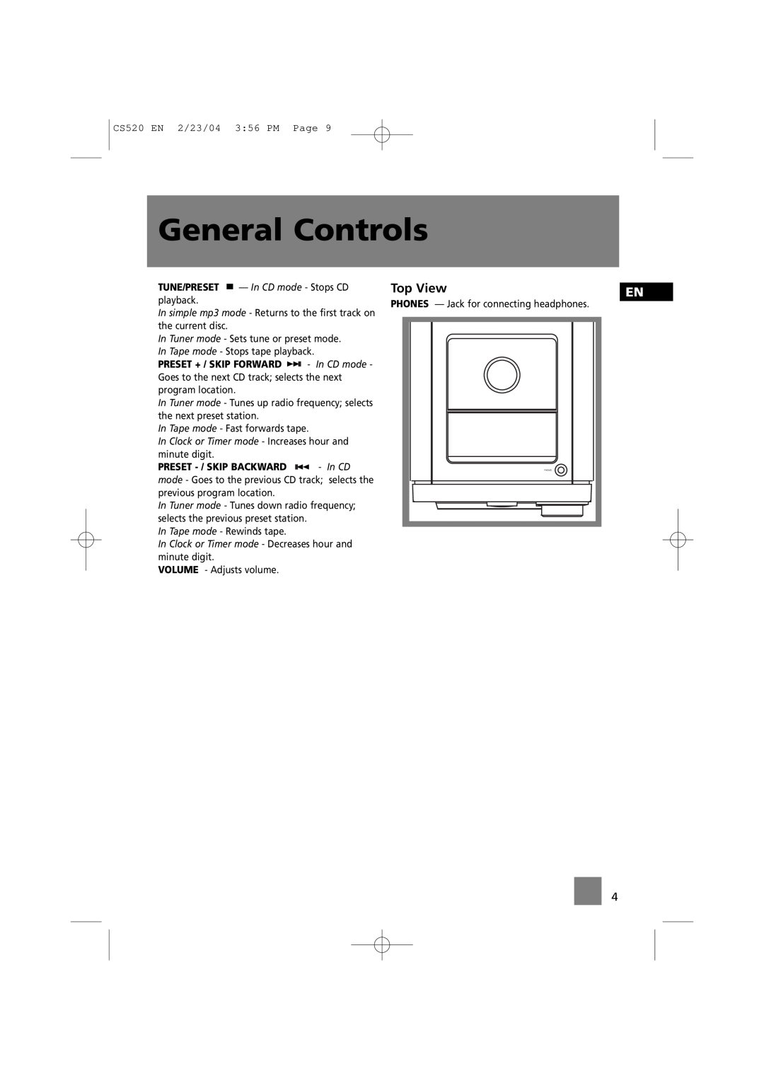 Technicolor - Thomson CS520 manual General Controls, Top View 