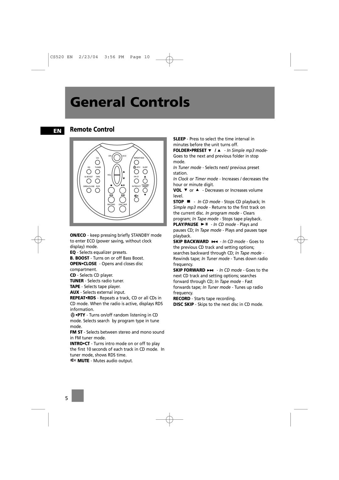 Technicolor - Thomson CS520 manual EN Remote Control, General Controls 
