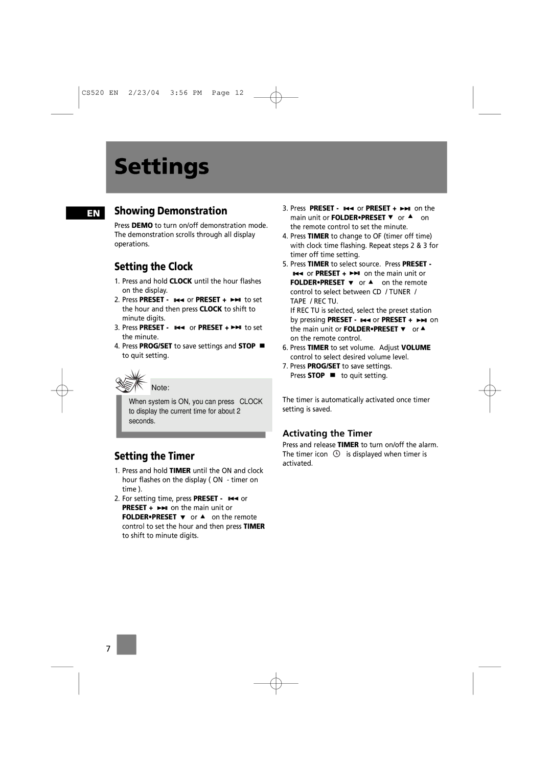 Technicolor - Thomson CS520 Settings, EN Showing Demonstration, Setting the Clock, Setting the Timer, Activating the Timer 