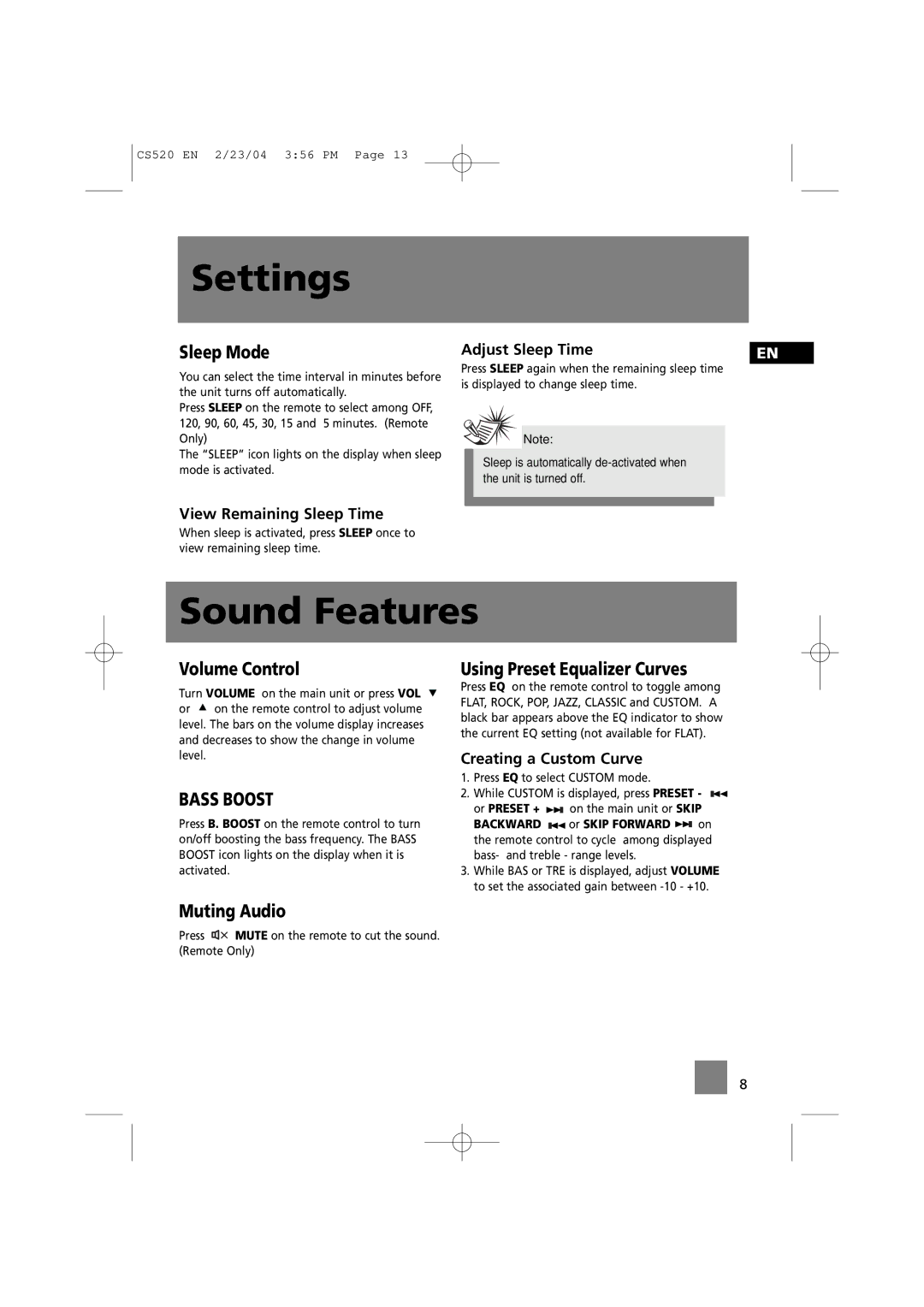 Technicolor - Thomson CS520 manual Sound Features, Sleep Mode, Volume Control, Using Preset Equalizer Curves, Muting Audio 