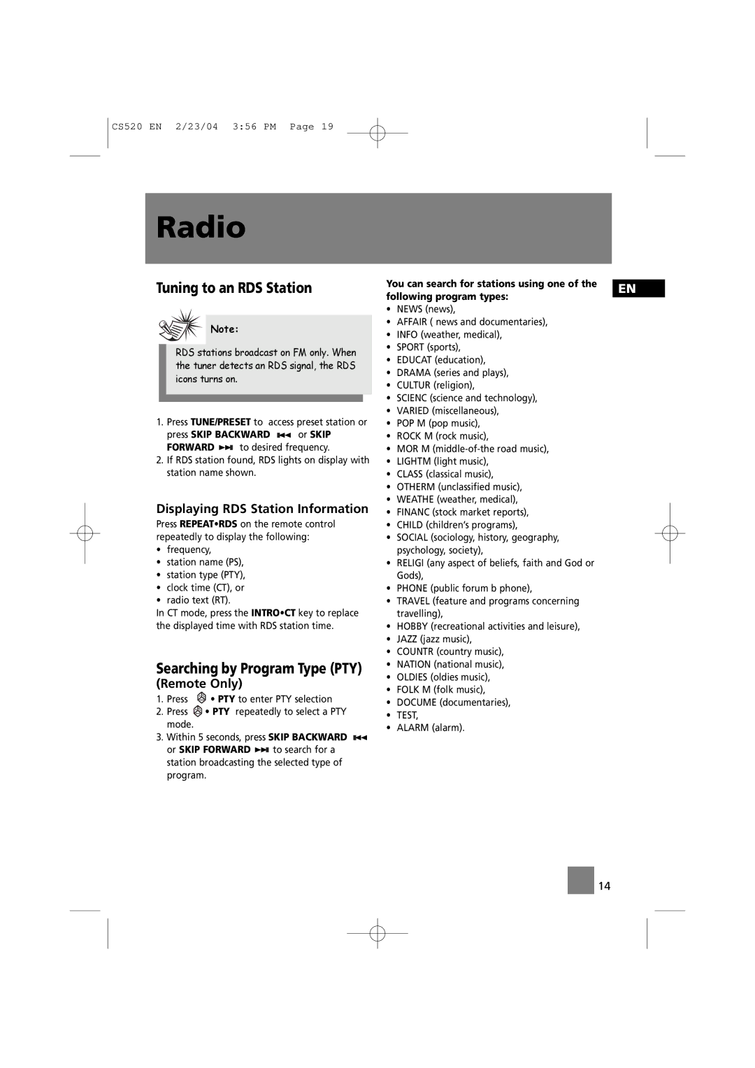 Technicolor - Thomson CS520 manual Tuning to an RDS Station, Displaying RDS Station Information, Remote Only, Alarm alarm 