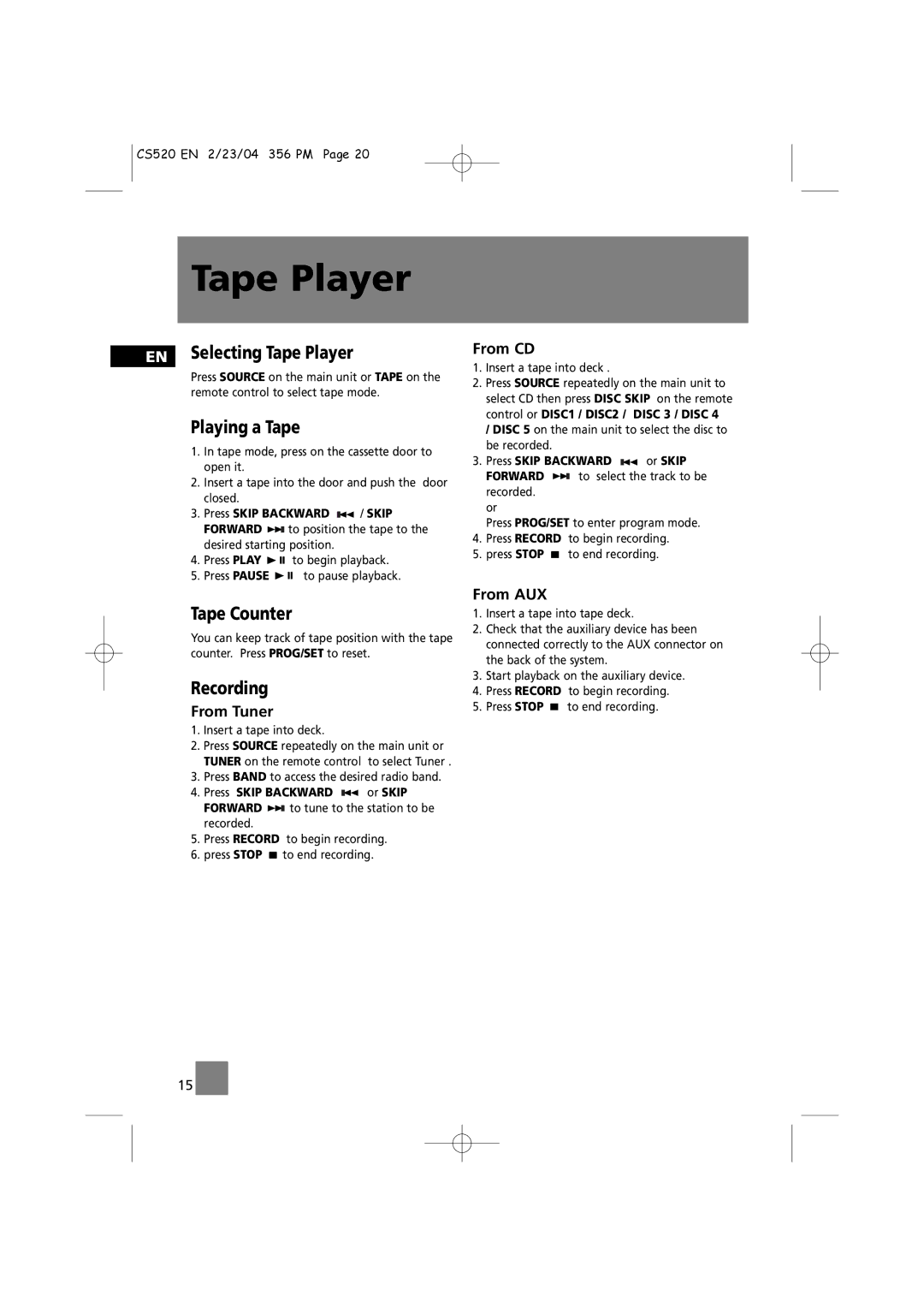 Technicolor - Thomson CS520 manual EN Selecting Tape Player, Playing a Tape, Tape Counter, Recording 