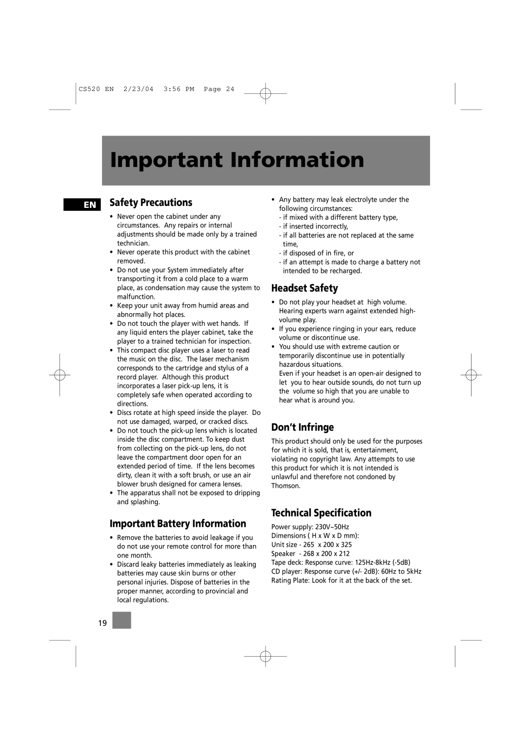 Technicolor - Thomson CS520 manual Important Information 