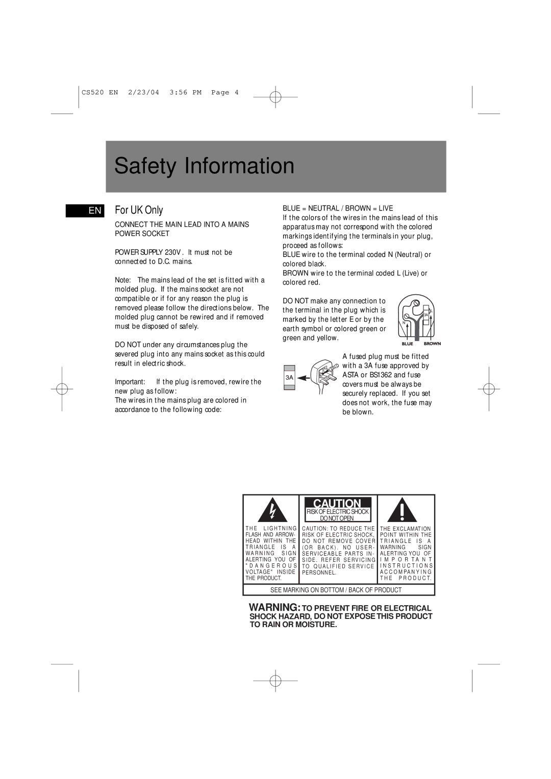 Technicolor - Thomson CS520 manual Safety Information, EN For UK Only, Connect the Main Lead Into a Mains Power Socket 