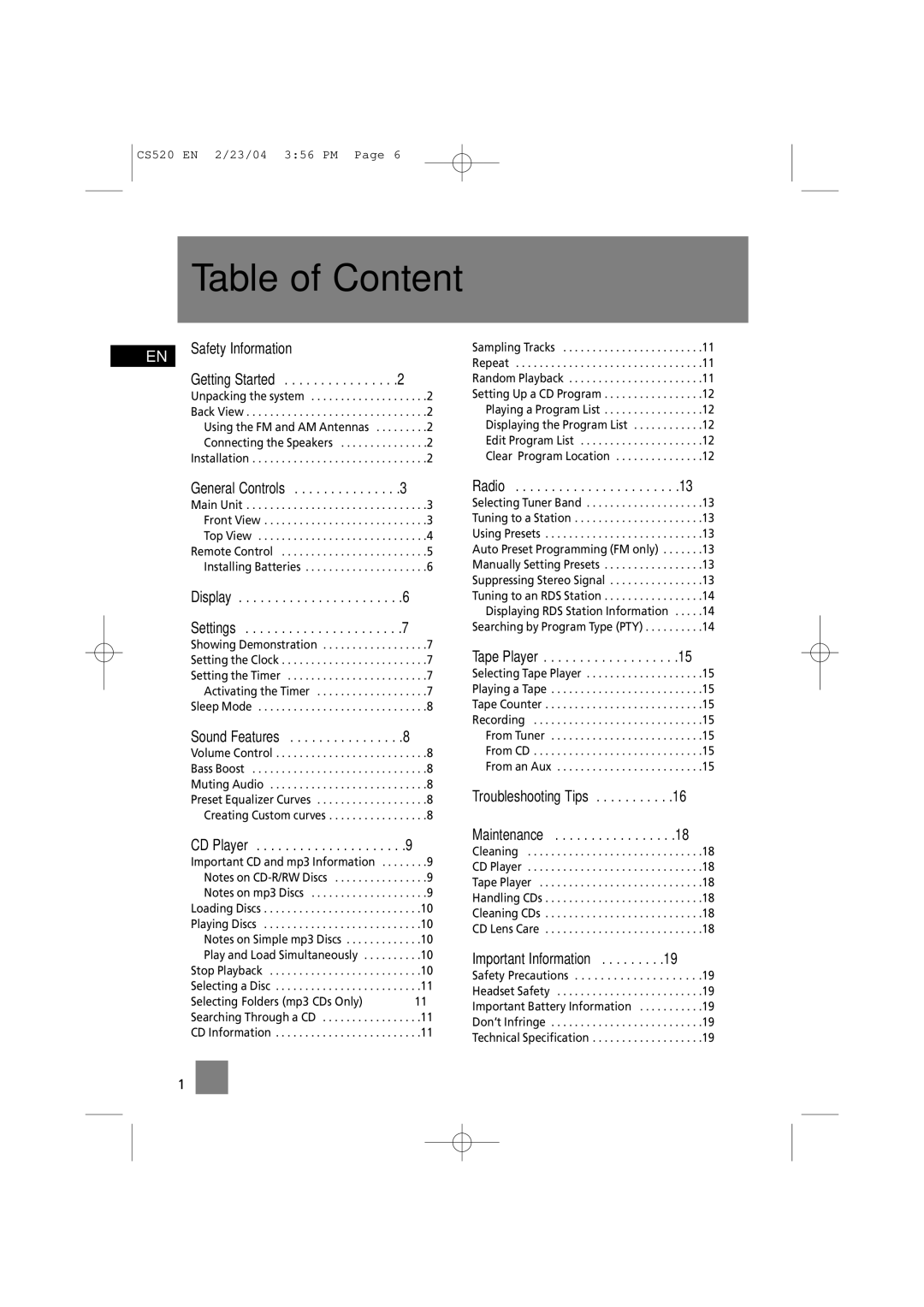 Technicolor - Thomson CS520 manual Table of Content 