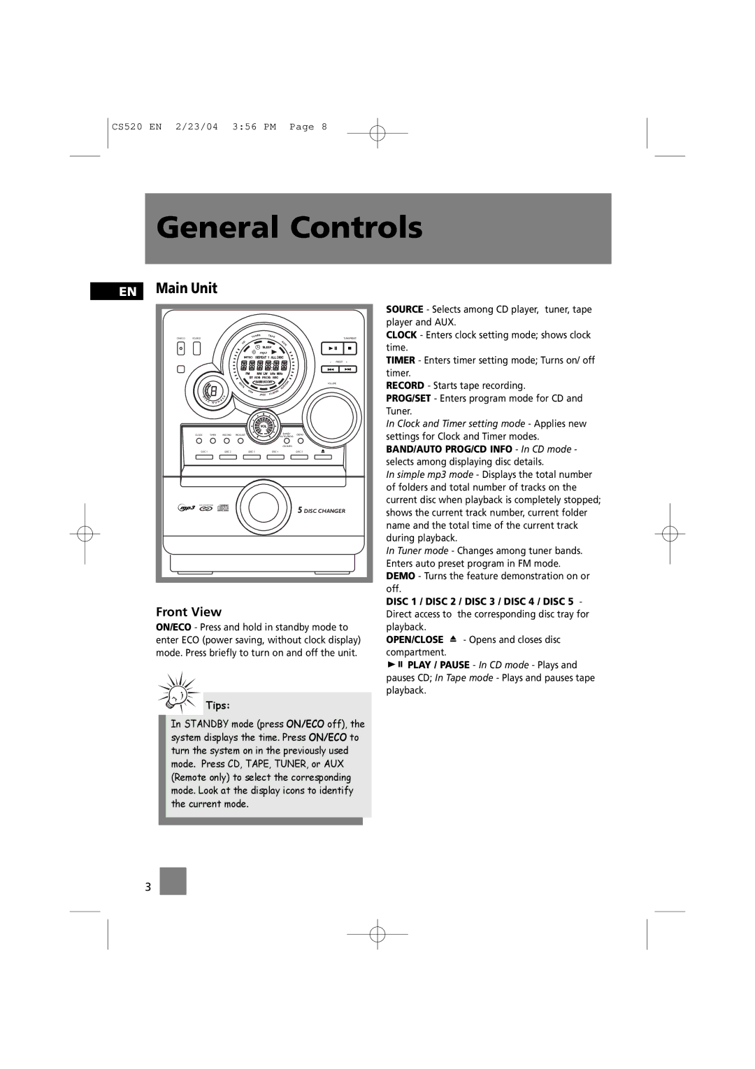 Technicolor - Thomson CS520 manual General Controls, EN Main Unit, Front View, OPEN/CLOSE Opens and closes disc compartment 