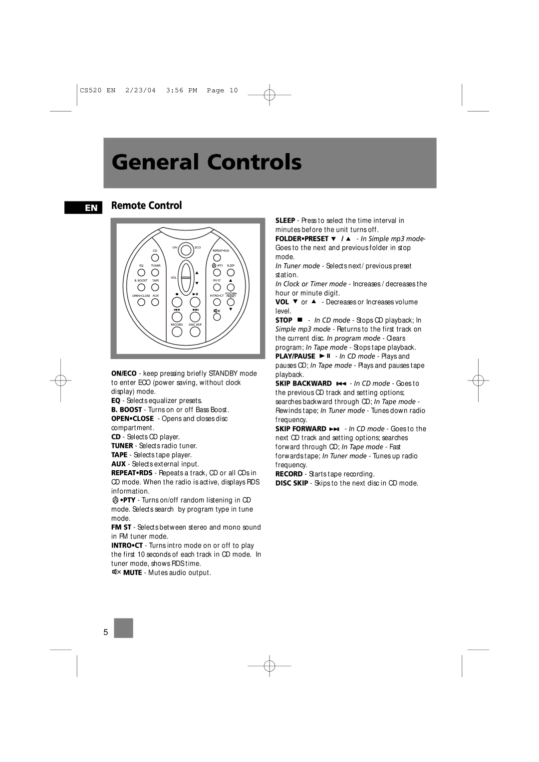 Technicolor - Thomson CS520 manual EN Remote Control, VOL or Decreases or Increases volume level 