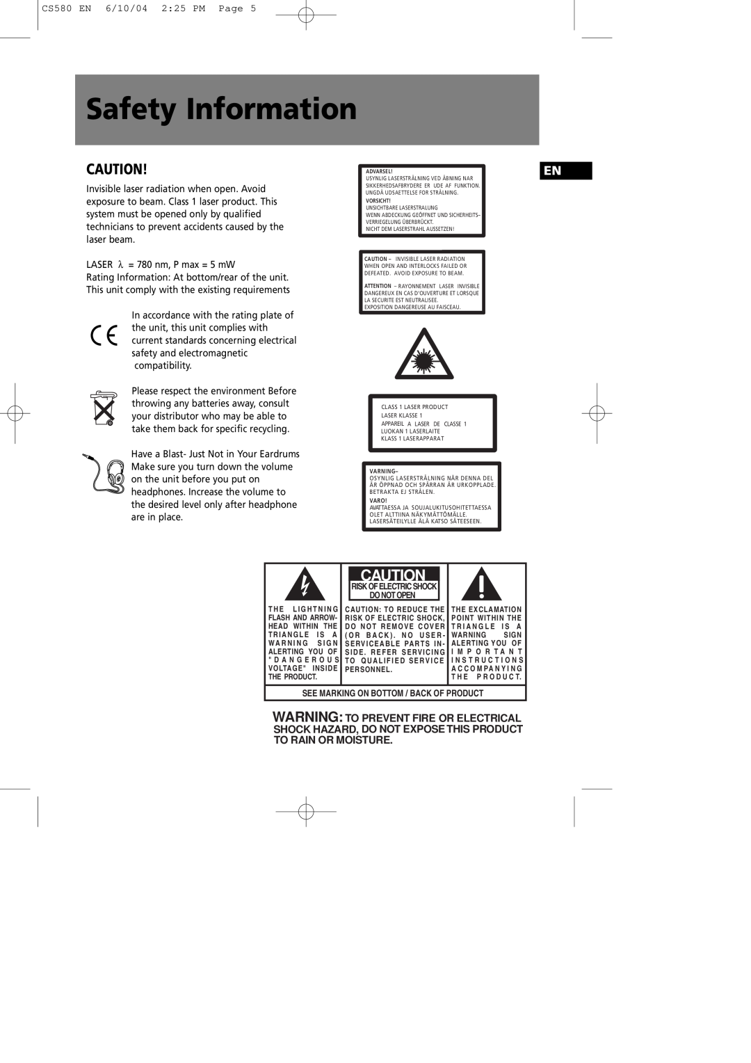 Technicolor - Thomson CS580 manual Safety Information 