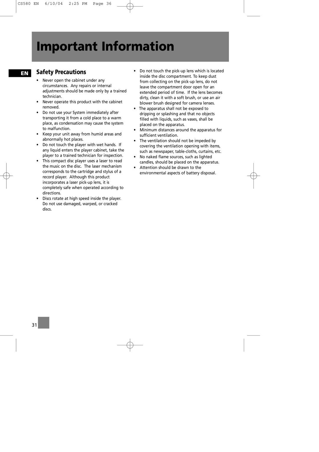 Technicolor - Thomson CS580 manual Important Information, EN Safety Precautions 